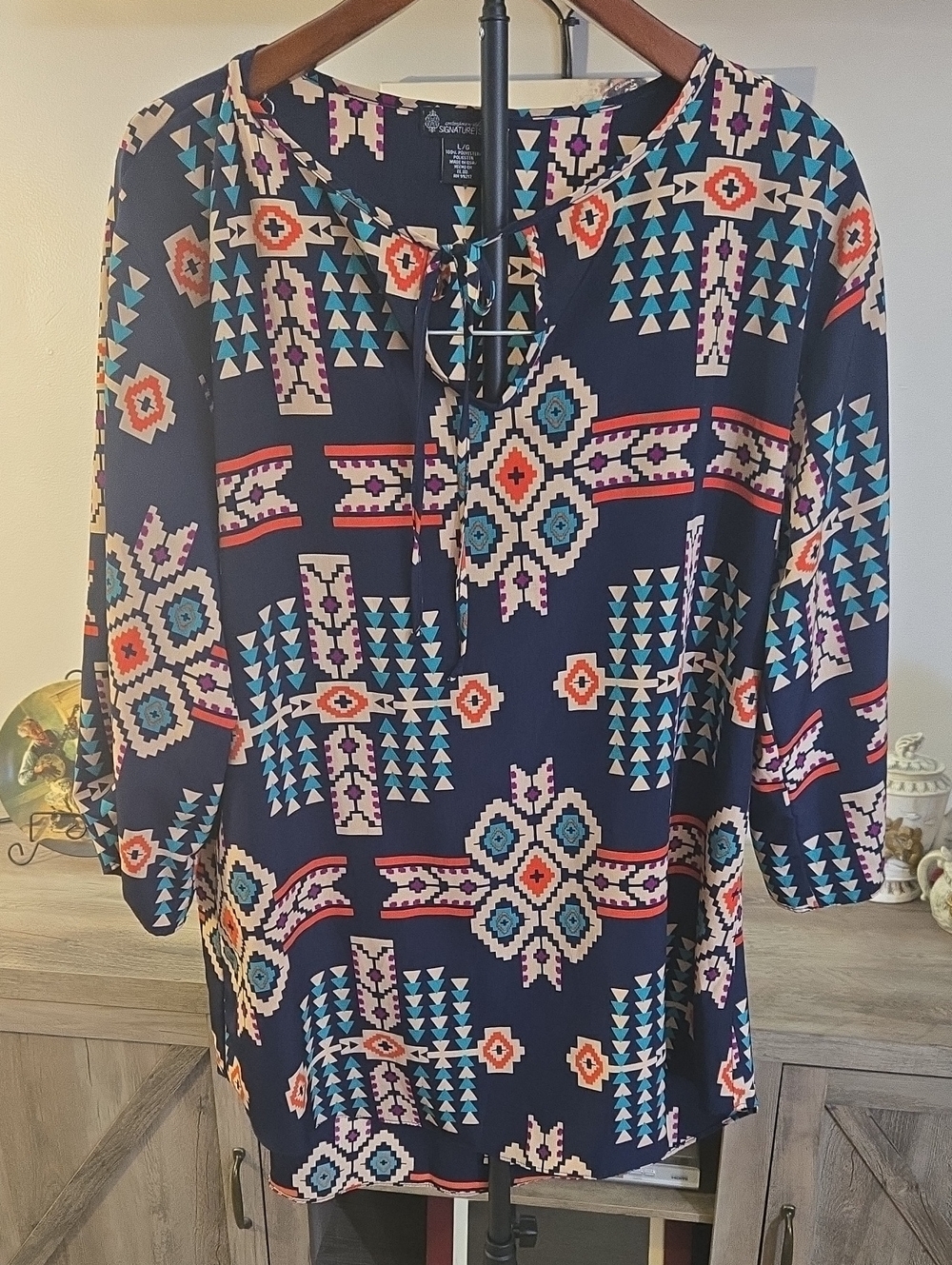 Navy Geometric Print Tie-Neck Blouse